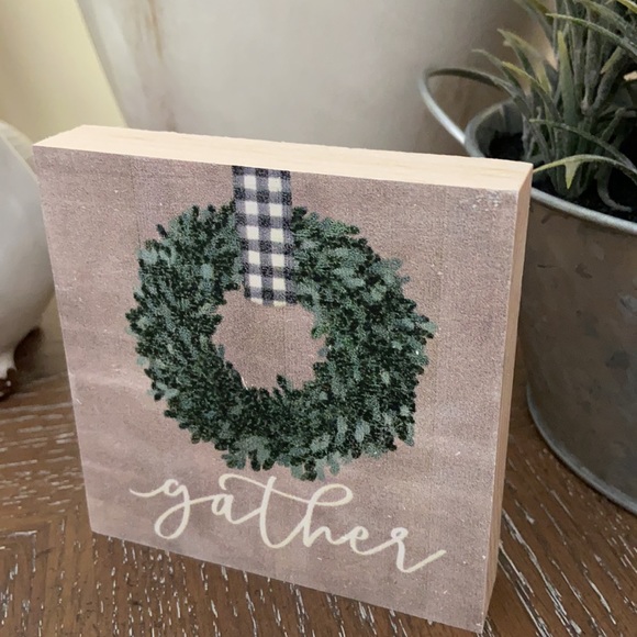 Farmhouse Buffalo Check Wreath Gather Wood Sign - Picture 5 of 7